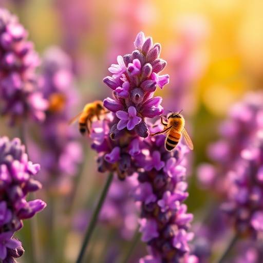 Gros plan sur des fleurs de lavande violettes, avec des abeilles butinant le nectar.