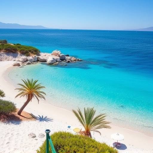 La plage de Saleccia en Corse, avec son sable blanc immaculé et son eau turquoise cristalline, bordée de pins parasols.