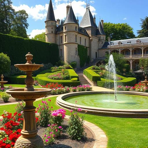 Les jardins du Château de Montaigne, avec ses parterres fleuris et ses fontaines.