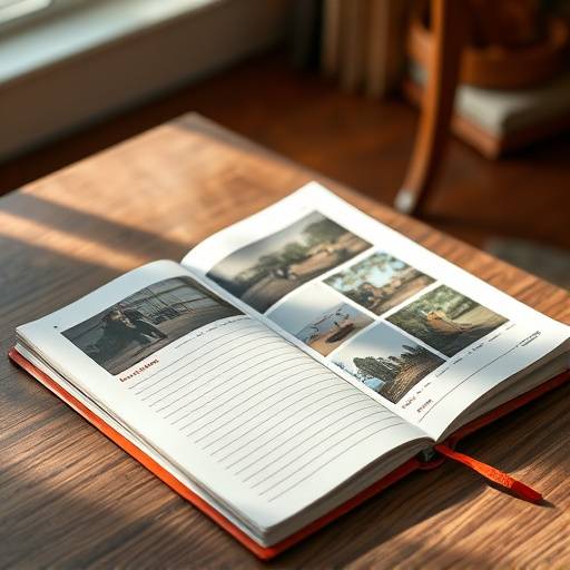 Un carnet de notes ouvert sur une table avec des photos de lieux de tournage potentiels, symbolisant le processus de sélection et de documentation des lieux.