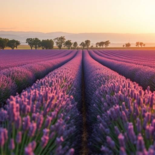 Un champ de lavande s'étendant à perte de vue, avec des arbres en arrière-plan.