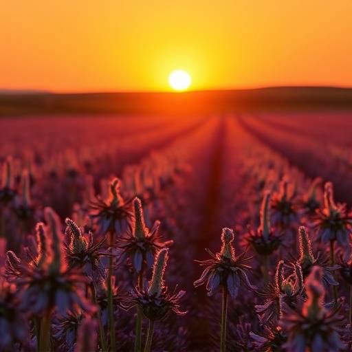 Un coucher de soleil sur un champ de lavande, avec des couleurs chaudes et dorées.