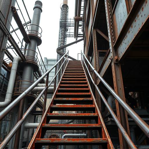 Un escalier métallique rouillé menant à un étage supérieur avec une vue sur l'usine.