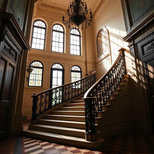 Un grand escalier dans un château franäais, mis en lumière par la lumière naturelle, illustrant l'importance de l'éclairage dans le repérage de lieux.