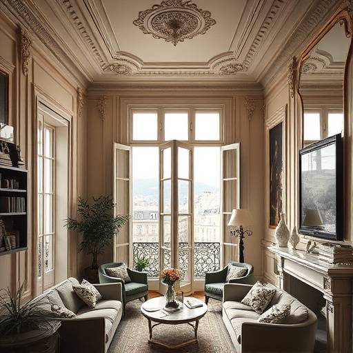 Un intérieur élégant d'un appartement haussmannien à Paris, avec de hauts plafonds, des moulures et des fenêtres donnant sur la ville.
