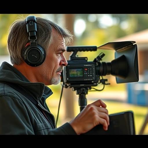 Un réalisateur regardant un écran de contrôle sur un plateau de tournage extérieur, illustrant les défis et les opportunités du repérage en extérieur.