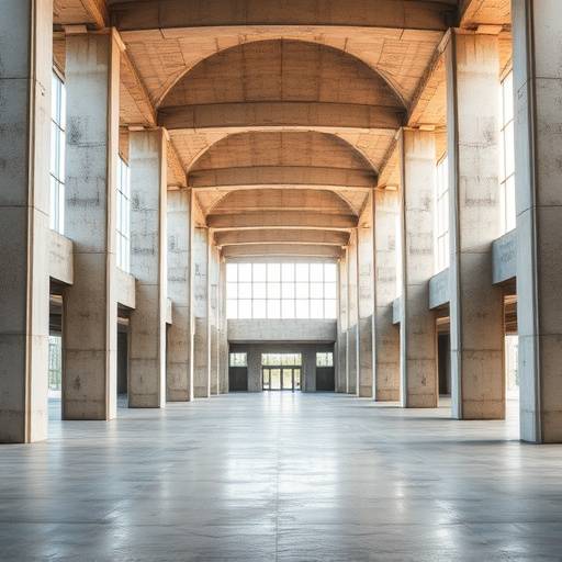 Un vaste espace ouvert avec des piliers en béton et une lumière naturelle abondante.