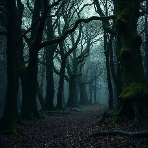 Une forêt dense et mystérieuse en Bretagne, avec des arbres centenaires recouverts de mousse et un sol jonché de feuilles.