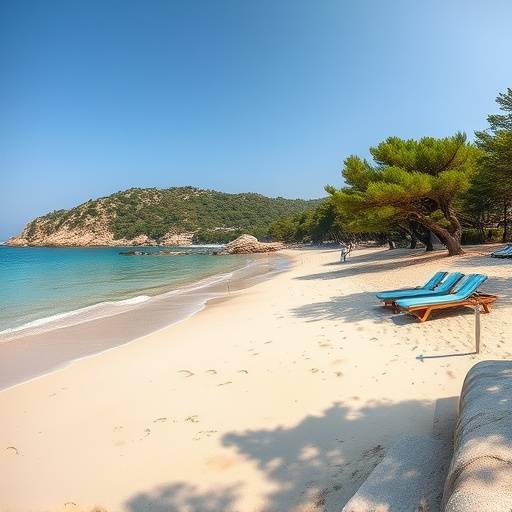 Une plage de sable fin bordée de pins en Corse, un décor paradisiaque pour des scènes de détente.