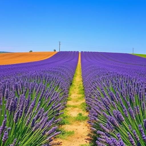 Une route de campagne traversant un champ de lavande, avec un ciel bleu en arrière-plan.