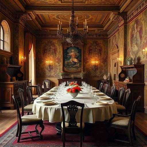 Une salle à manger du château, décorée avec des meubles d'époque et des tapisseries.