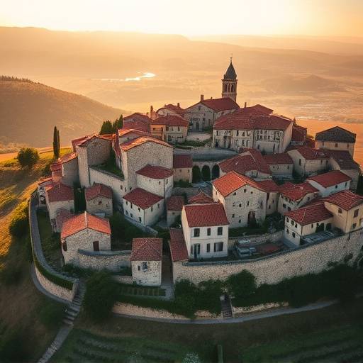 Une vue aérienne d'un village pittoresque perché sur une colline en Provence, avec des maisons en pierre et des toits rouges.