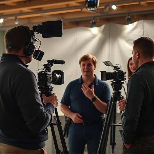 Une équipe de professionnels discutant sur un lieu de tournage, symbolisant l'expertise d'Horizon Découverte.