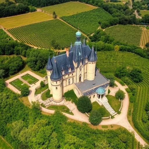 Vue aérienne du Château de Montaigne en Dordogne, entouré de verdure et de vignobles.