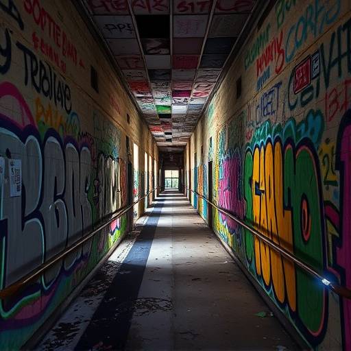 Vue d'un grand hall avec des graffitis colorés et des machines désaffectées.