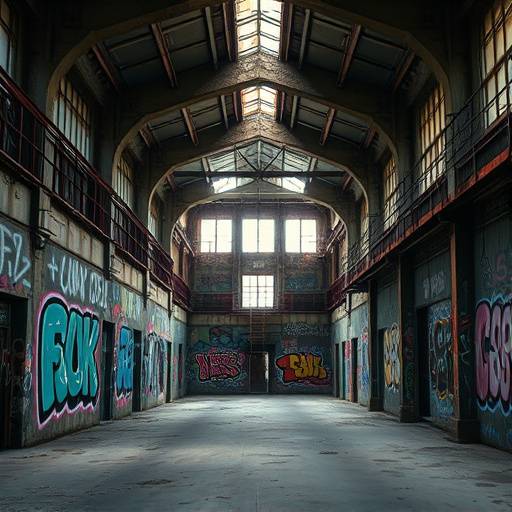 Vue intérieure d'une usine désaffectée avec des graffitis colorés sur les murs.